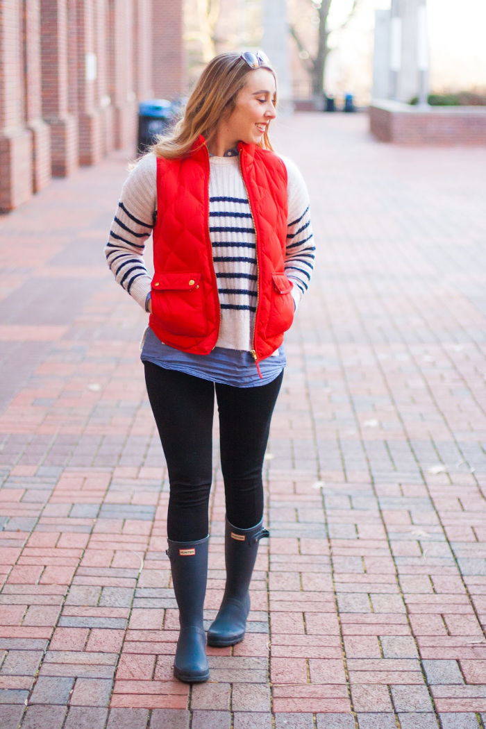 red vest striped sweater J.crew preppy winter hunter boots