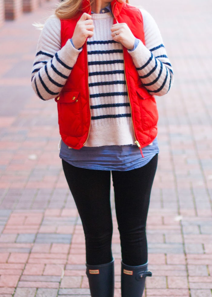 red vest striped sweater J.crew preppy winter hunter boots