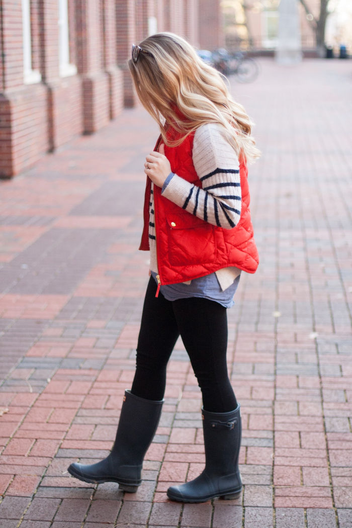 red vest striped sweater J.crew preppy winter hunter boots