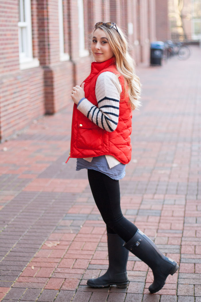 red vest striped sweater J.crew preppy winter hunter boots