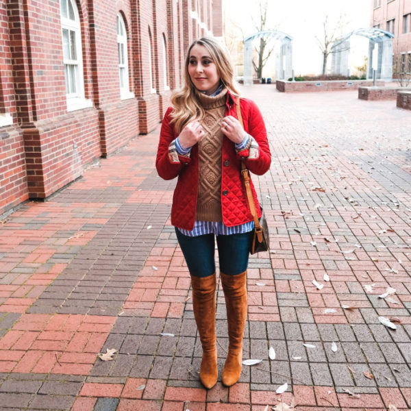 red quilted burberry jacket over the knee boots cable knit preppy