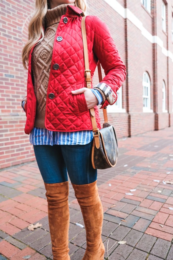 red quilted burberry jacket over the knee boots cable knit preppy