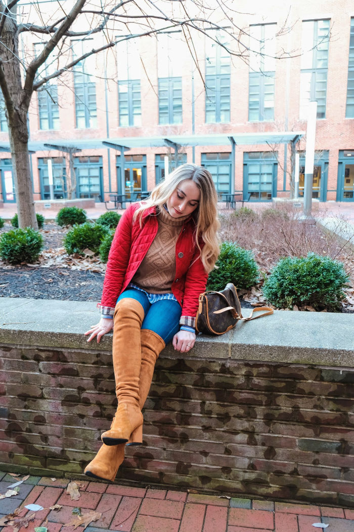 red quilted burberry jacket over the knee boots cable knit preppy
